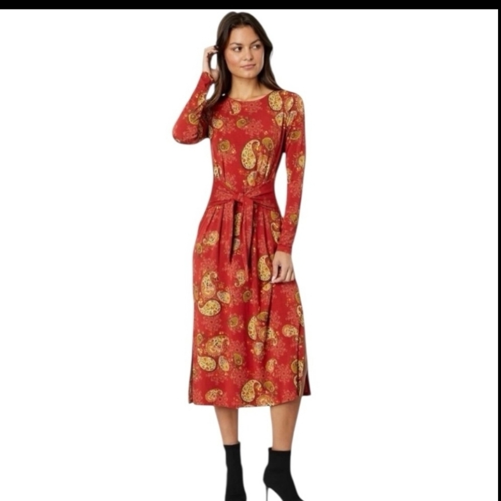 Johnny Was Janie Favorite Dress Women XL Long Sleeve Tie Front Knit Paisley Midi